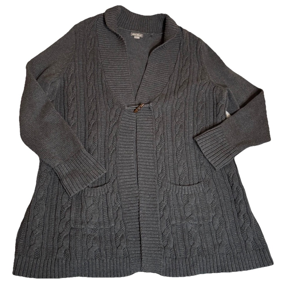 Eddie Bauer Chunky Knit Cardigan Sweater Gray Women's Size 2XL Fisherman‎ Cotton